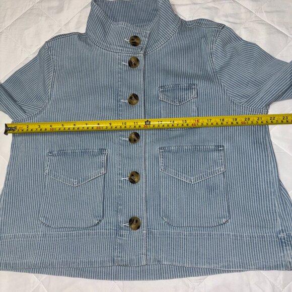 LOFT NWT Striped Denim Jean Jacket Medium Blue White Utility Button Front - Picture 10 of 14